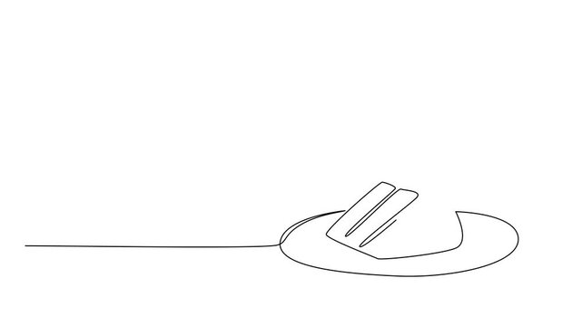 Self drawing animation of single one line drawing a slice of cake of the devil on a small plate with a fork stuck into the cake. Very delicious cake. National Food of Devil Cake. Full length animated
