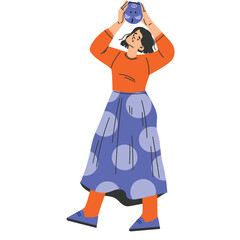Frustrated woman holding a blue ball over her head with a worried expression wearing an orange...