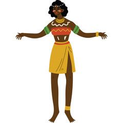 Full Body African Woman Wearing Traditional Yellow Skirt and Red Beaded Top With Ornate Jewelry and Dark Skin Standing With Arms Outstretched