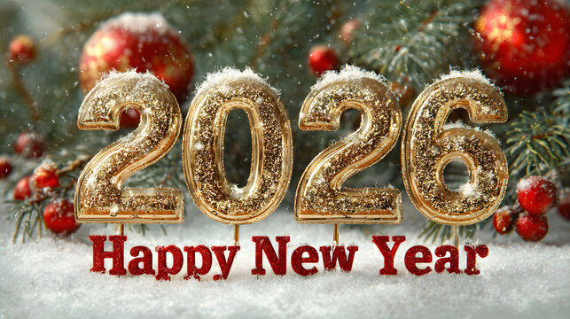 Golden new year 2026 numbers text and festive ornaments on a snowy background, celebrating the upcoming year with a sparkling holiday theme