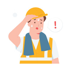 Heatstroke extreme exhaustion fatigue, construction worker wiping sweat, dehydration risk awareness concept illustration
