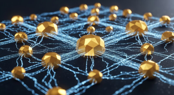 Golden polyhedron connected by blue lines