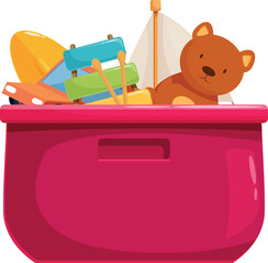 Pink plastic toy box overflowing with a variety of colorful children's toys, including a teddy bear, a toy car, a sailboat, and a xylophone