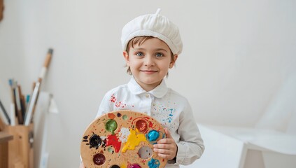 Young artist painting portrait: child holding palette with paint, art studio, creative hobby, kids activity on transparent background