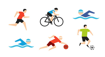 Set of six diverse athletes engaged in various sports activities.