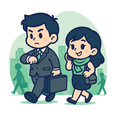 Businessman and businesswoman walking together on a city street while commuting to work. Cute cartoon illustration