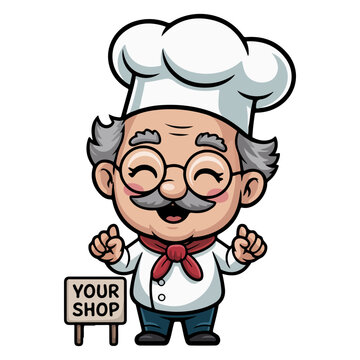 A smiling chef cartoon happily holding a 'your shop' sign 