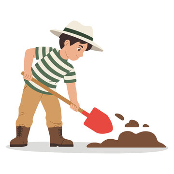 A Young Boy with a shovel in the process of digging the soil
