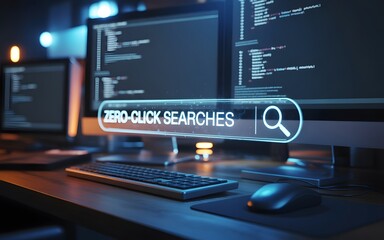 Fototapeta premium Computer screen displaying zero click searches and coding with a search bar icon