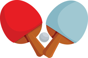 Red and blue ping pong paddles and white ball representing table tennis sport and competition