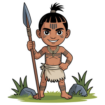 Cartoon depiction of a young warrior with spear, tribal tattoos, and traditional attire. A friendly cartoon style illustration of an indigenous tribe person ready to protect