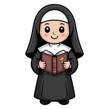 A charming cartoon of a nun reading a book with a cross
