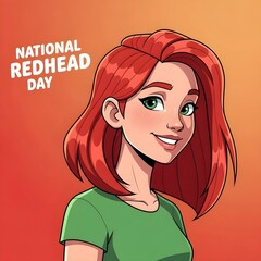 Red hair, green shirt, stylized picture, cartoon, National Redhead Day, three-quarter views