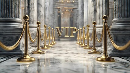 Luxurious marble corridor lined with gold rope barriers and columns, center features large golden VIP letters. Concept Luxurious interiors, Marble corridor, Golden decor, VIP lettering