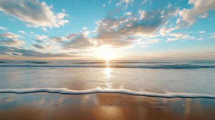 Obraz premium Sunset over calm ocean waves reflecting vibrant colors, creating serene atmosphere
