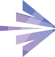 Abstract arrow pointing right is formed by purple and blue geometric shapes representing speed, progress, and forward movement