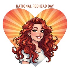 National Redhead Day, digital art, illustration, heart-shaped background, animated character, young lady with long red curly hair, and warm colors