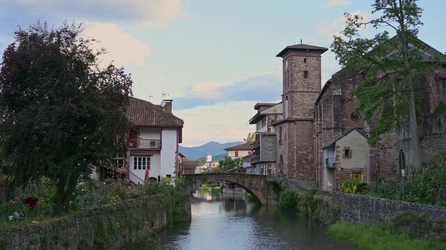 Early Morning in the Old Town of Saint-Jean-Pied-de-Port, France &ndash; View of Notre-Dame Gate, the River, and Notre-Dame du Bout du Pont Church