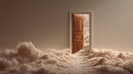 An opened door reveals a cloud-filled pathway suggesting limitless possibilities and inviting exploration while symbolizing transition and discovery in a surreal visual journey