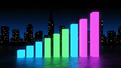 Neon-colored bar graph with pink, blue, and green bars reflecting on water against a city skyline at night with a dark background. - Powered by Adobe