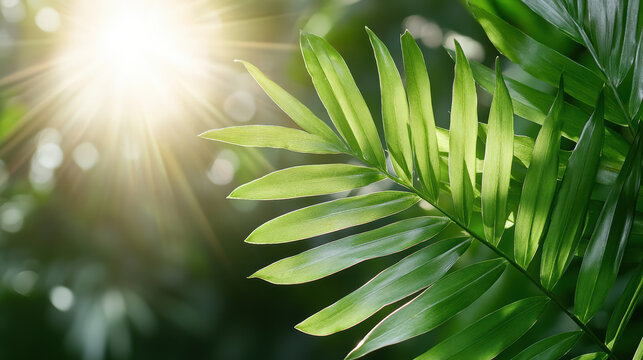 Lush green fern leaves illuminated by sunlight create refreshing forest atmosphere - Powered by Adobe