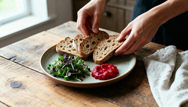 Hands placing sliced multigrain bread on plate with salad and red sauce on wooden table