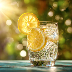 Glass of Sparkling Water with Lemon Slice in Sunlight