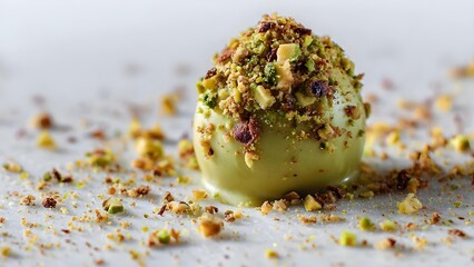 Green pistachio-coated truffle topped with crushed pistachios and nuts. Concept Pistachio-Coated Truffle, Green Pistachio Chocolate Treat with Crushed Nuts, Nutty Pistachio Garnish Dessert