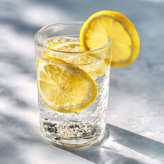 Glass of Sparkling Water with Lemon Slice in Sunlight