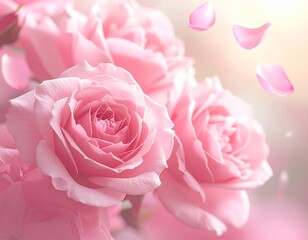 Soft Pink Roses with Falling Petals in Warm Sunlight
