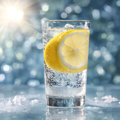 Glass of Sparkling Water with Lemon Slice in Sunlight