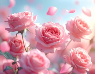 Soft Pink Roses with Falling Petals in Warm Sunlight

