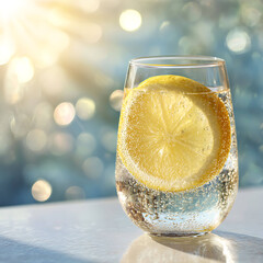 Glass of Sparkling Water with Lemon Slice in Sunlight