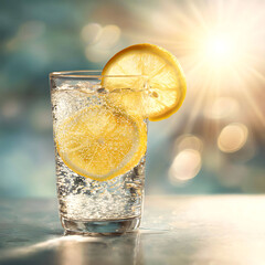 Glass of Sparkling Water with Lemon Slice in Sunlight