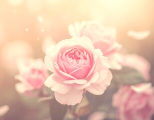 Soft Pink Roses with Falling Petals in Warm Sunlight
