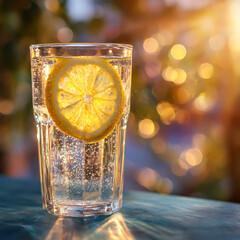 Glass of Sparkling Water with Lemon Slice in Sunlight