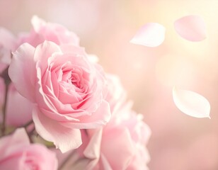 Soft Pink Roses with Falling Petals in Warm Sunlight
