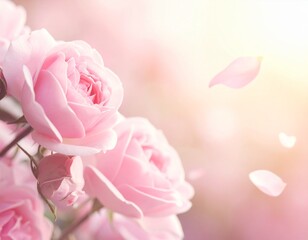 Soft Pink Roses with Falling Petals in Warm Sunlight
