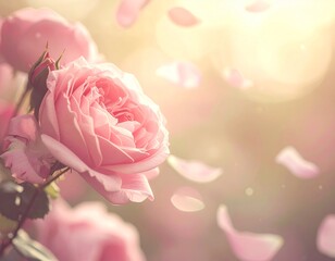 Soft Pink Roses with Falling Petals in Warm Sunlight
