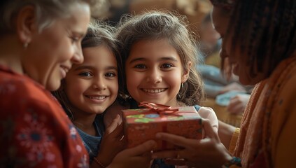 Family gift giving celebration happy little girls receiving present from loved ones holiday season joy on transparent background