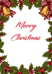 Christmas Greeting Card with Holly and Bells
