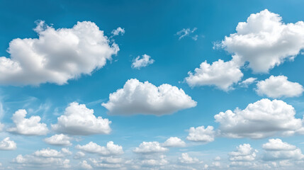 Fototapeta premium Fluffy white clouds float across bright turquoise sky, creating serene summer atmosphere