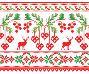 Geometric animal and branch pattern, seamless horizontal design, designed for Christmas background, decoration, fabric, clothing.