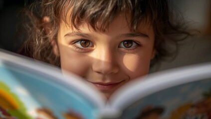 Child reading book close up portrait, education and learning concept, happy little girl reading story book on transparent background