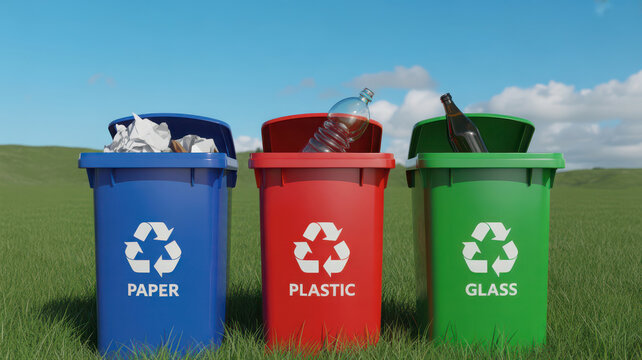 Three colorful recycling bins for paper plastic and glass in a green field