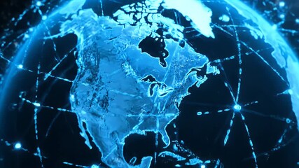 Global digital network over blue earth, data lines connecting continents, futuristic communication technology concept - Powered by Adobe