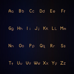 Crystal English vector alphabet set with gemstone and neon glow golden effects, uppercase and lowercase letters, isolated on dark background