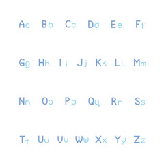 Crystal English vector alphabet set with blue jewel gemstone effect, uppercase and lowercase letters, isolated on white background