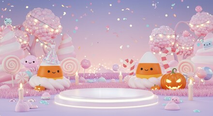 Kawaii Pastel Halloween Candy Land: 3D stage podium surrounded by cute candy corn characters, glowing pumpkins, sweet trees, and falling confetti.