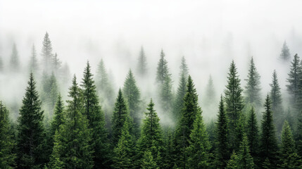 Misty forest landscape with evergreen trees shrouded in fog creates serene atmosphere